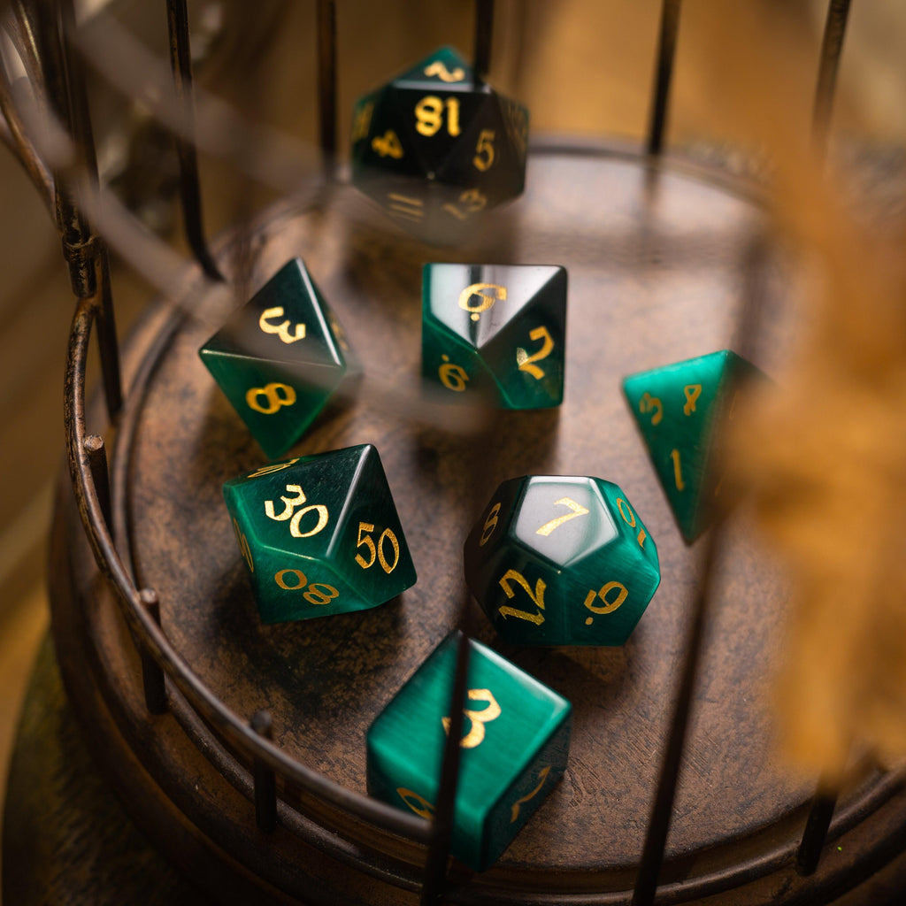 Gemstone Dark Green Cats Eye Stone Hand Carved DND Dice Set | Gemstone Dice | Wiccan Center