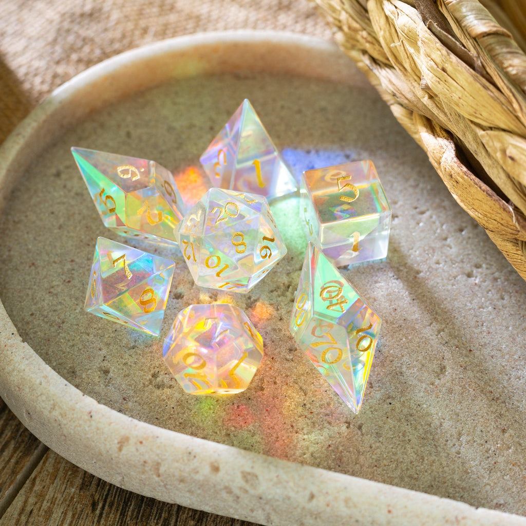 Gemstone Dichroic Glass Elven Cut DND Dice Set | Gemstone Dice | Wiccan Center