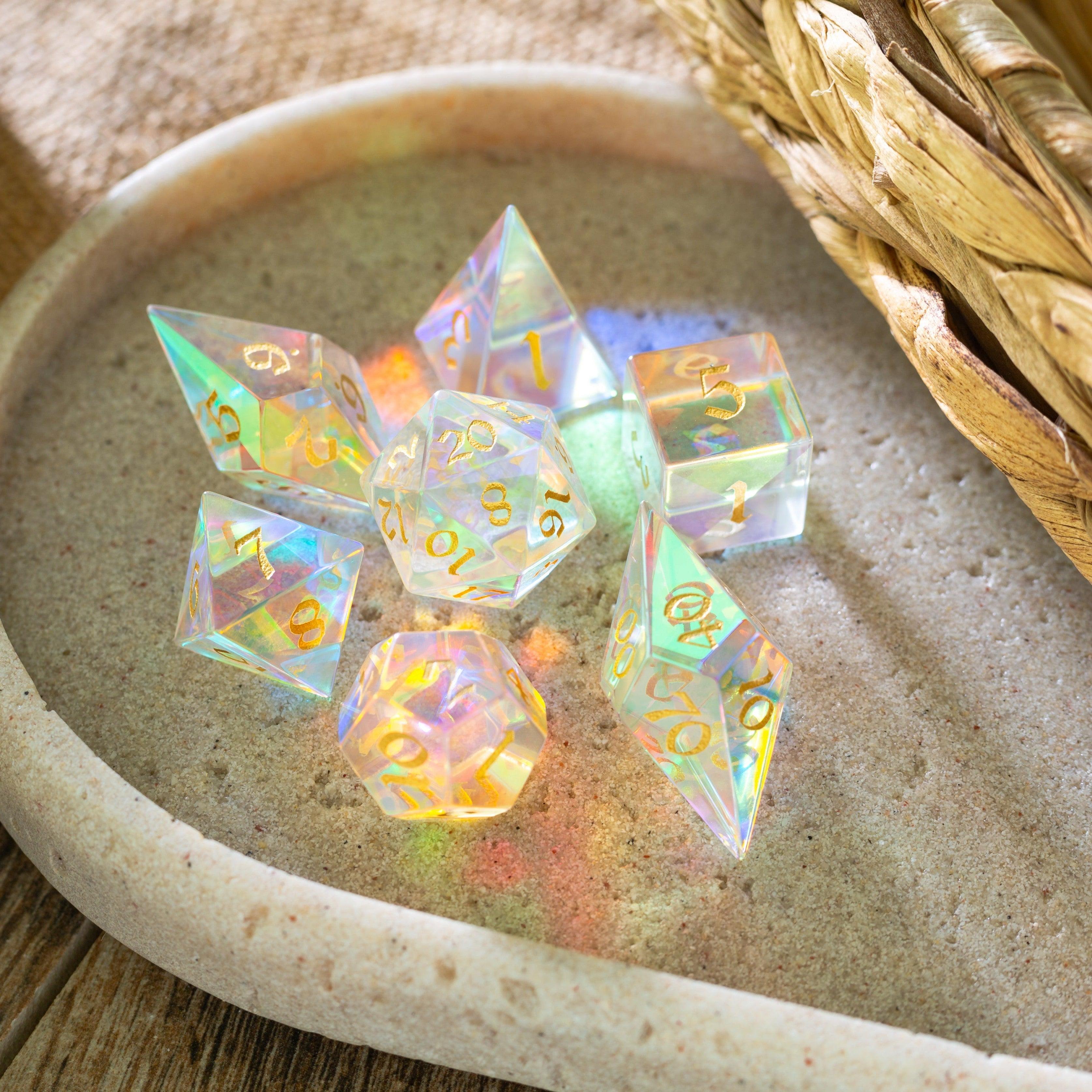 Gemstone Dichroic Glass Elven Cut DND Dice Set | Gemstone Dice | Wiccan Center