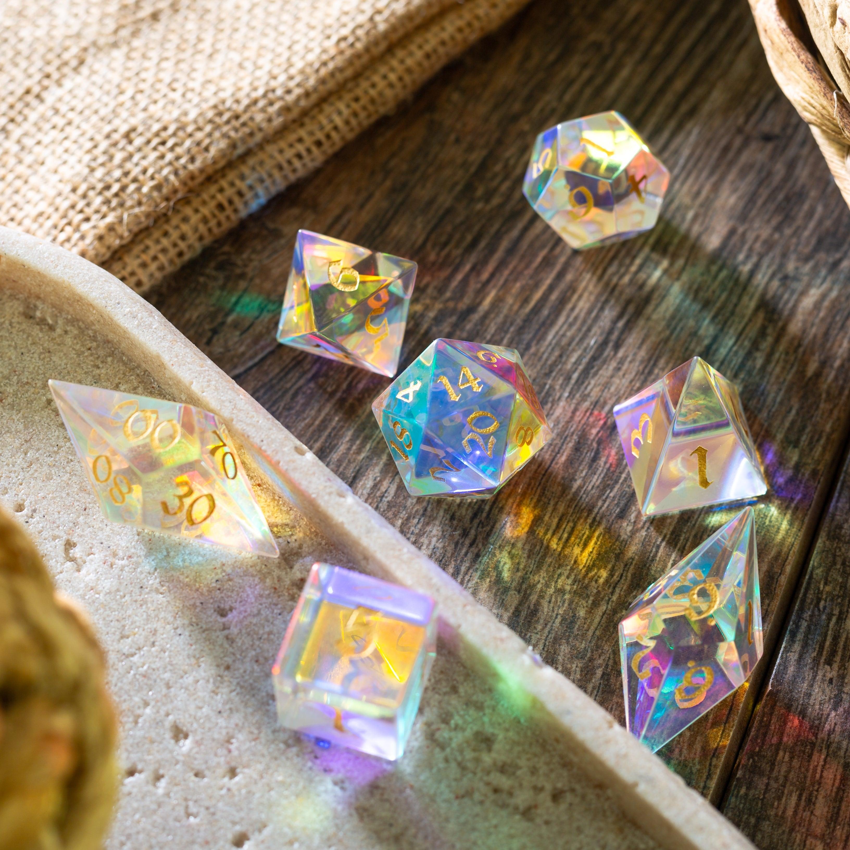 Gemstone Dichroic Glass Elven Cut DND Dice Set | Gemstone Dice | Wiccan Center