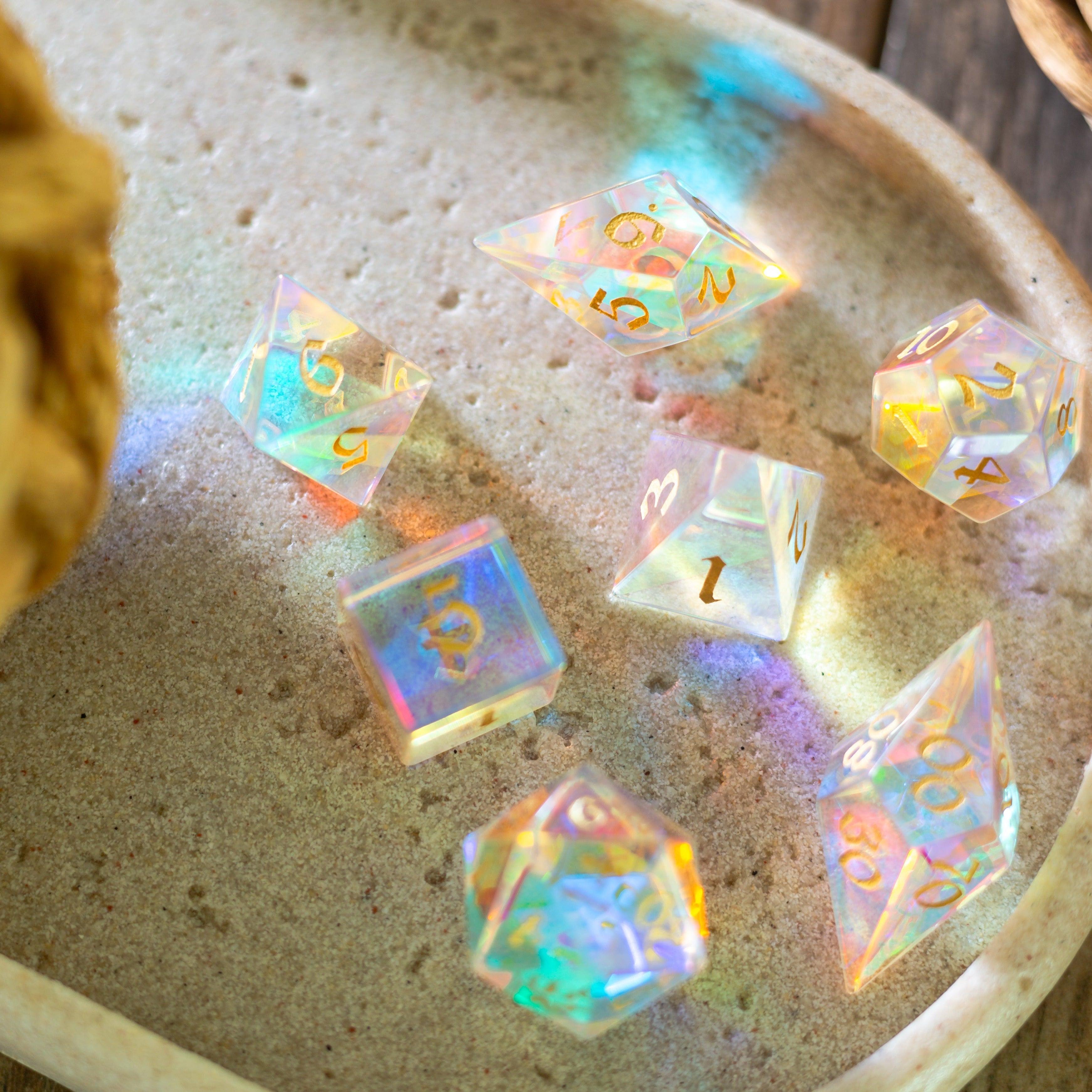 Gemstone Dichroic Glass Elven Cut DND Dice Set | Gemstone Dice | Wiccan Center