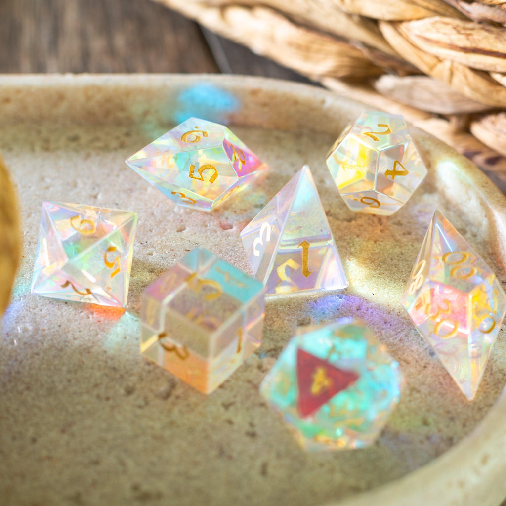 Gemstone Dichroic Glass Elven Cut DND Dice Set | Gemstone Dice | Wiccan Center