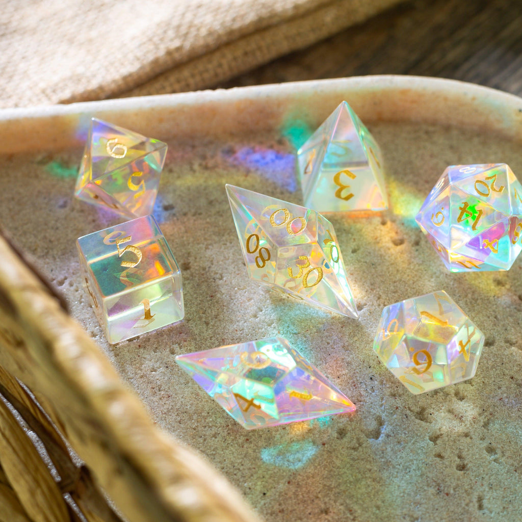 Gemstone Dichroic Glass Elven Cut DND Dice Set | Gemstone Dice | Wiccan Center