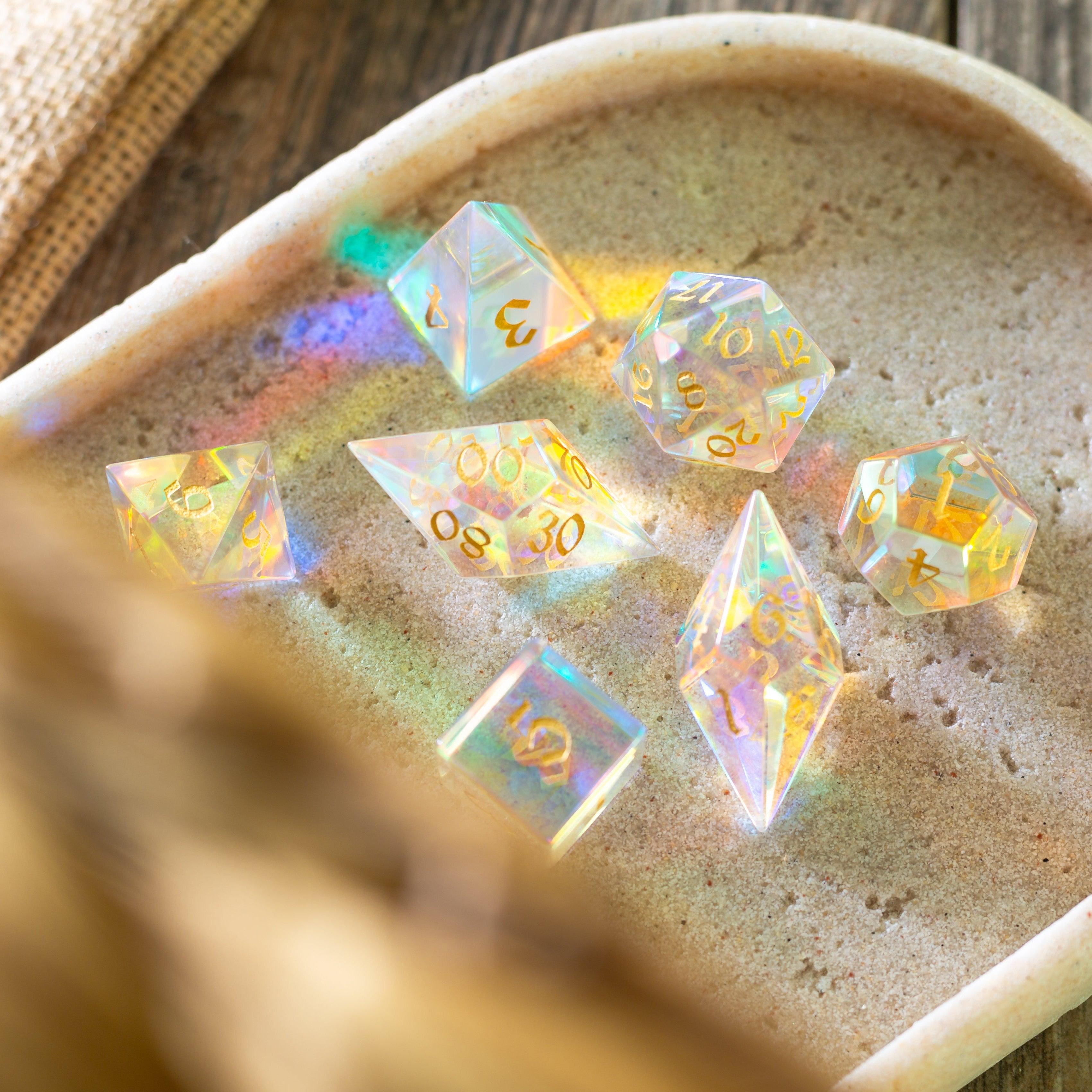 Gemstone Dichroic Glass Elven Cut DND Dice Set | Gemstone Dice | Wiccan Center