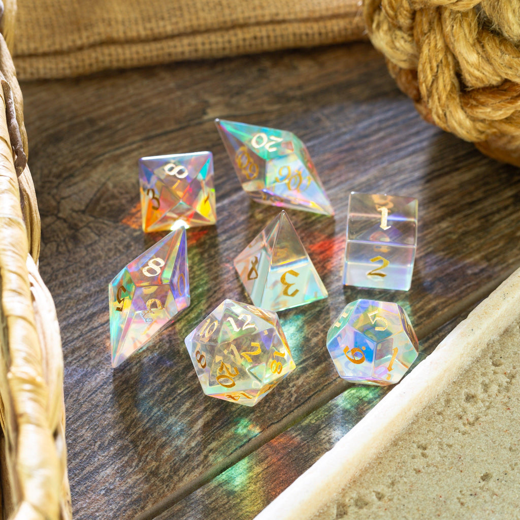 Gemstone Dichroic Glass Elven Cut DND Dice Set | Gemstone Dice | Wiccan Center