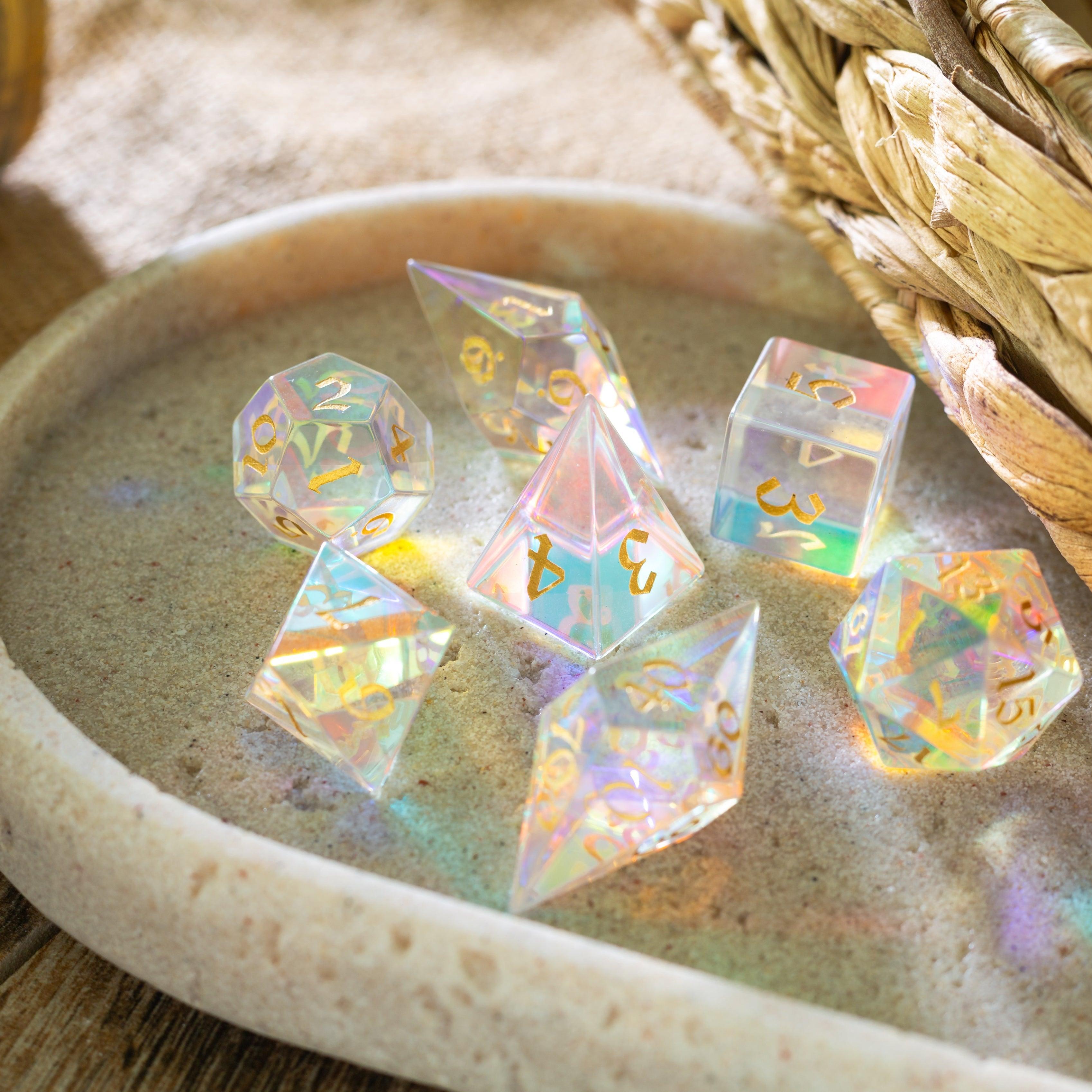 Gemstone Dichroic Glass Elven Cut DND Dice Set | Gemstone Dice | Wiccan Center