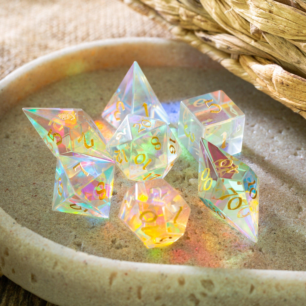 Gemstone Dichroic Glass Elven Cut DND Dice Set | Gemstone Dice | Wiccan Center