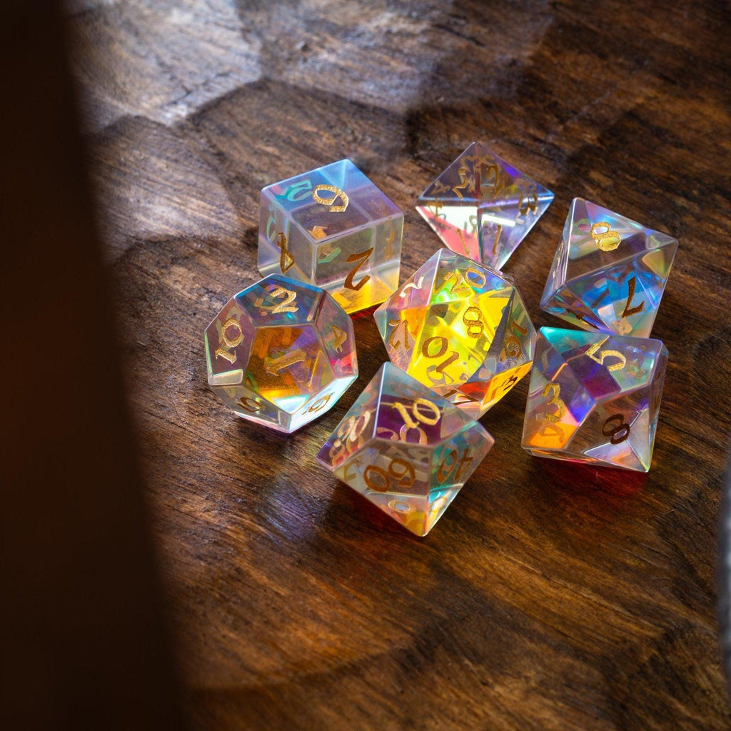 Gemstone Dichroic Glass Hand Carved DND Dice Set | Gemstone Dice | Wiccan Center