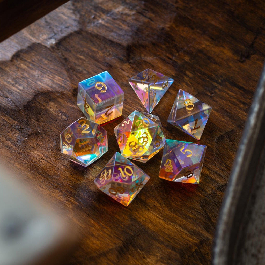 Gemstone Dichroic Glass Hand Carved DND Dice Set | Gemstone Dice | Wiccan Center