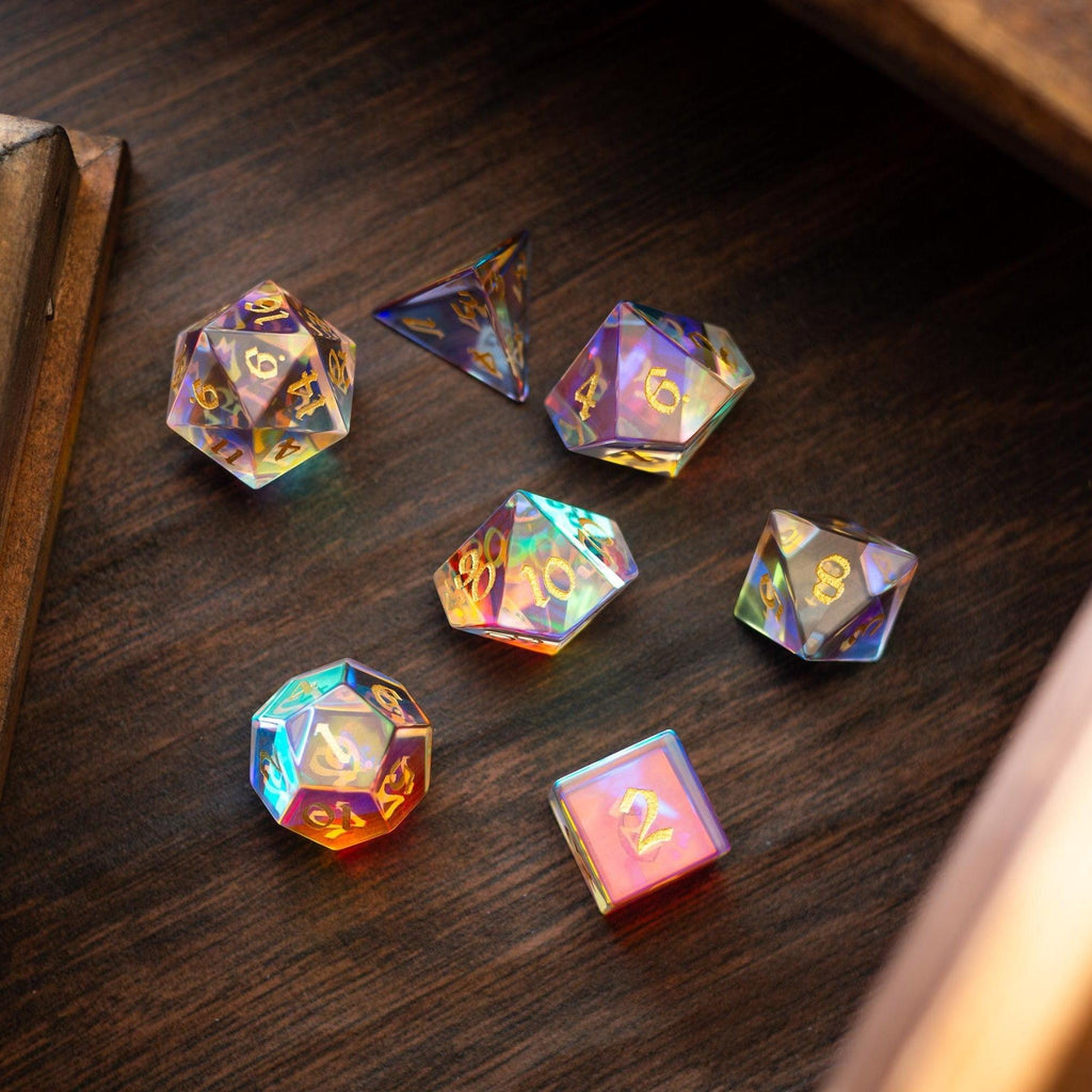 Gemstone Dichroic Glass Hand Carved DND Dice Set | Gemstone Dice | Wiccan Center