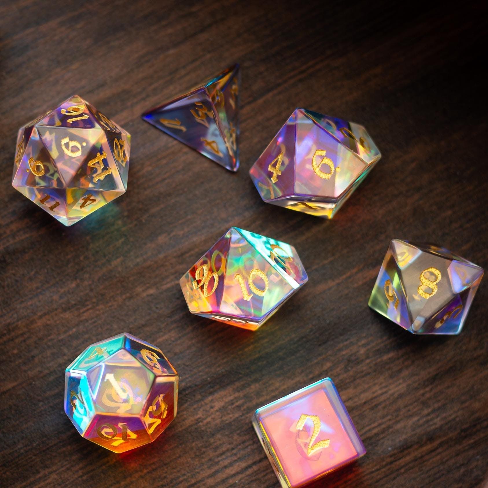 Gemstone Dichroic Glass Hand Carved DND Dice Set | Gemstone Dice | Wiccan Center