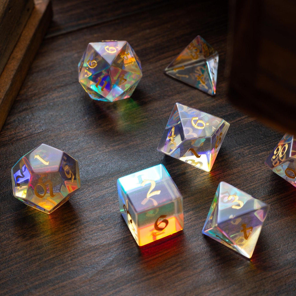 Gemstone Dichroic Glass Hand Carved DND Dice Set | Gemstone Dice | Wiccan Center