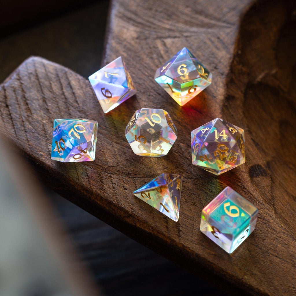Gemstone Dichroic Glass Hand Carved DND Dice Set | Gemstone Dice | Wiccan Center