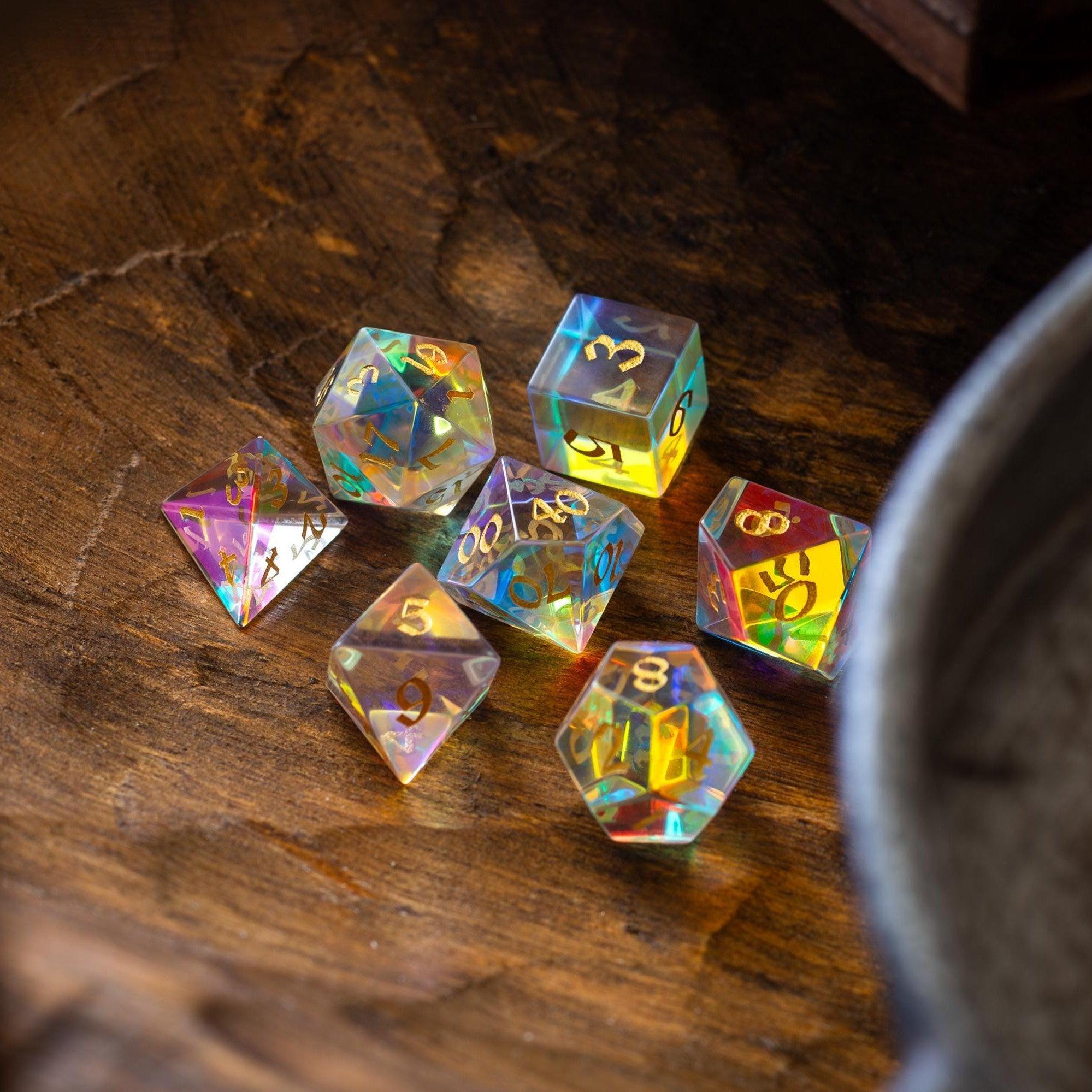 Gemstone Dichroic Glass Hand Carved DND Dice Set | Gemstone Dice | Wiccan Center
