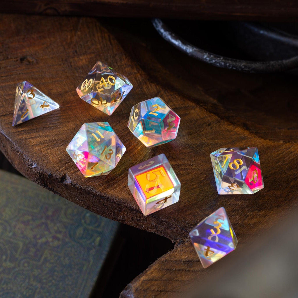 Gemstone Dichroic Glass Hand Carved DND Dice Set | Gemstone Dice | Wiccan Center