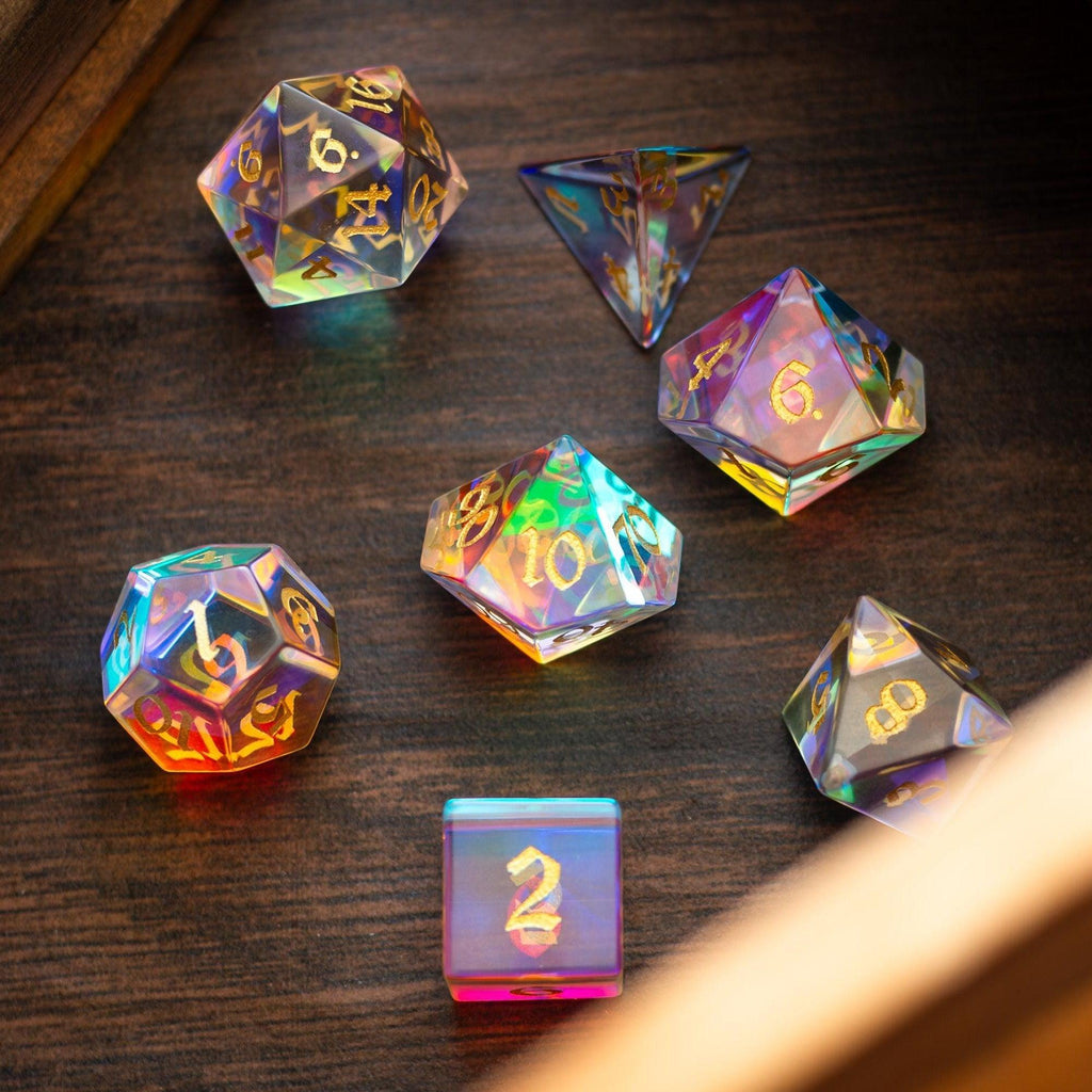 Gemstone Dichroic Glass Hand Carved DND Dice Set | Gemstone Dice | Wiccan Center