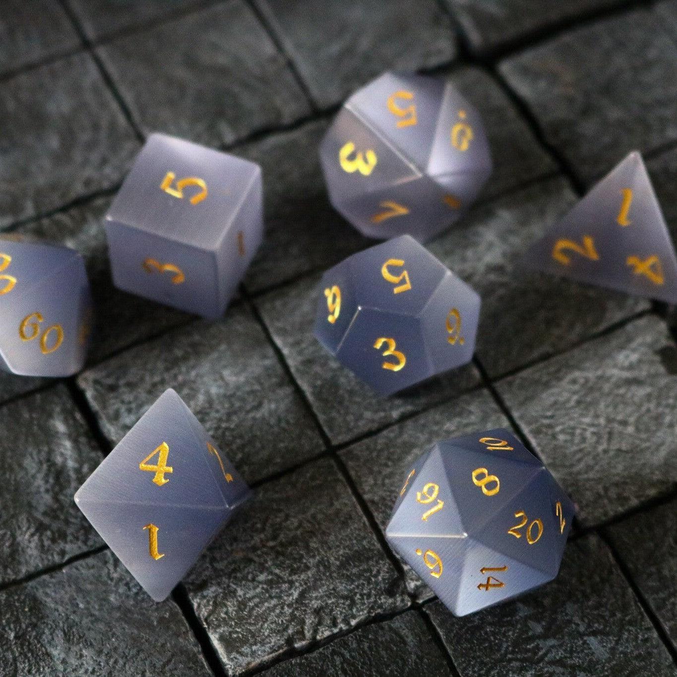 Gemstone Gray Cats Eye Stone DND Dice Set | Gemstone Dice | Wiccan Center