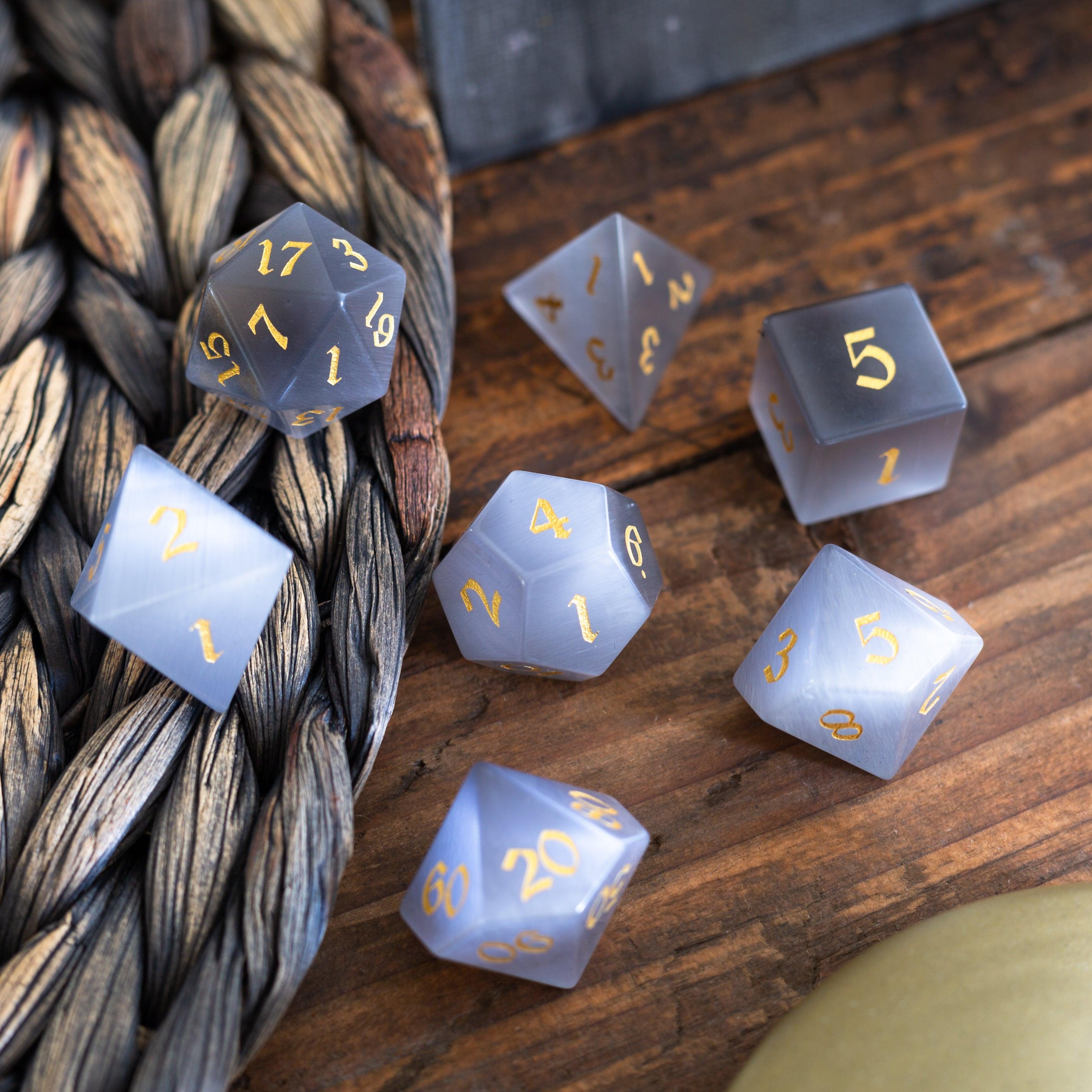 Gemstone Gray Cats Eye Stone DND Dice Set | Gemstone Dice | Wiccan Center