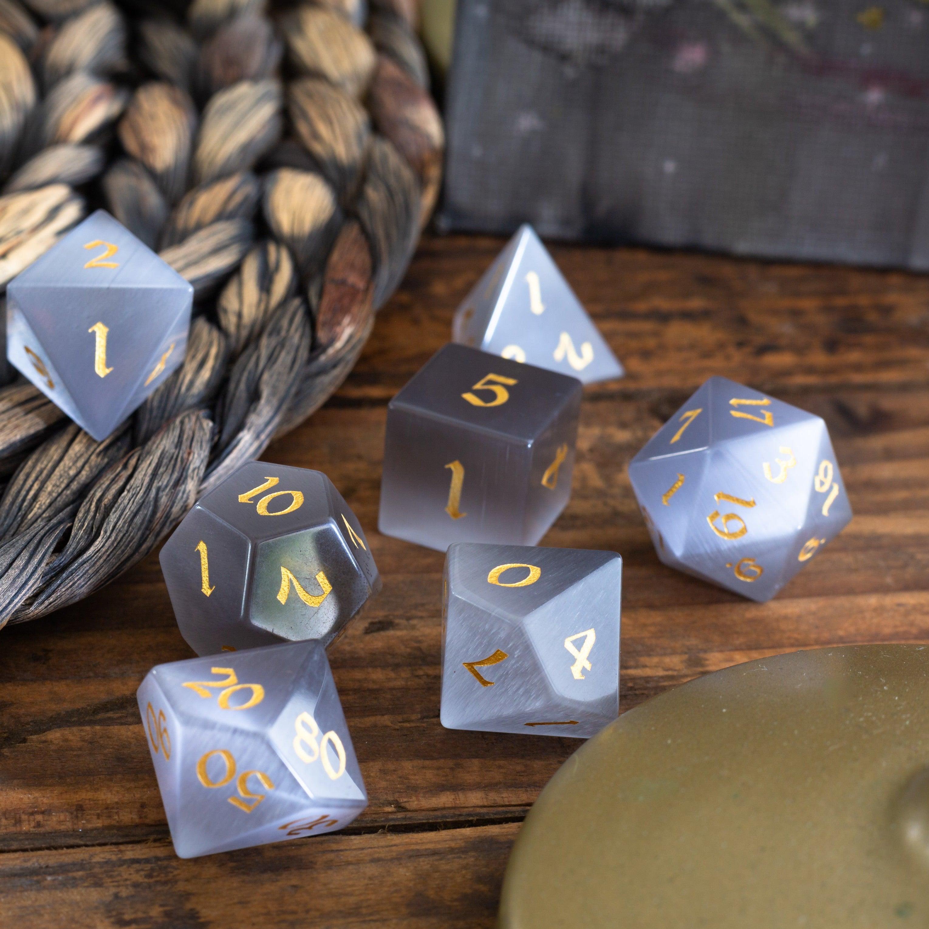 Gemstone Gray Cats Eye Stone DND Dice Set | Gemstone Dice | Wiccan Center