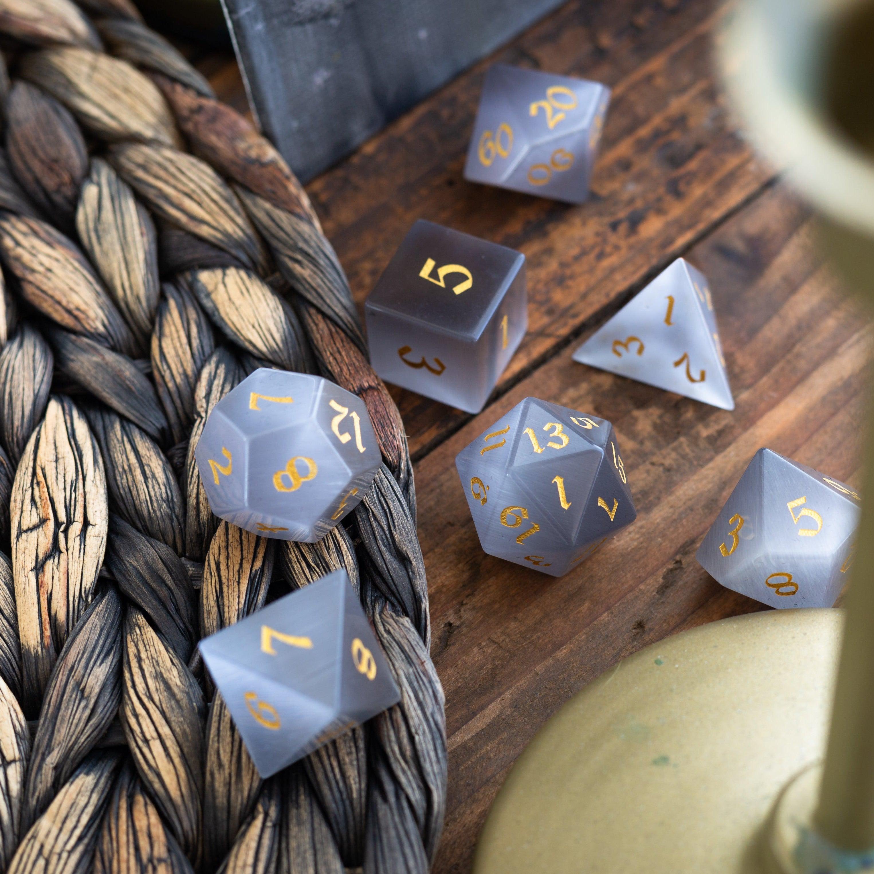 Gemstone Gray Cats Eye Stone DND Dice Set | Gemstone Dice | Wiccan Center