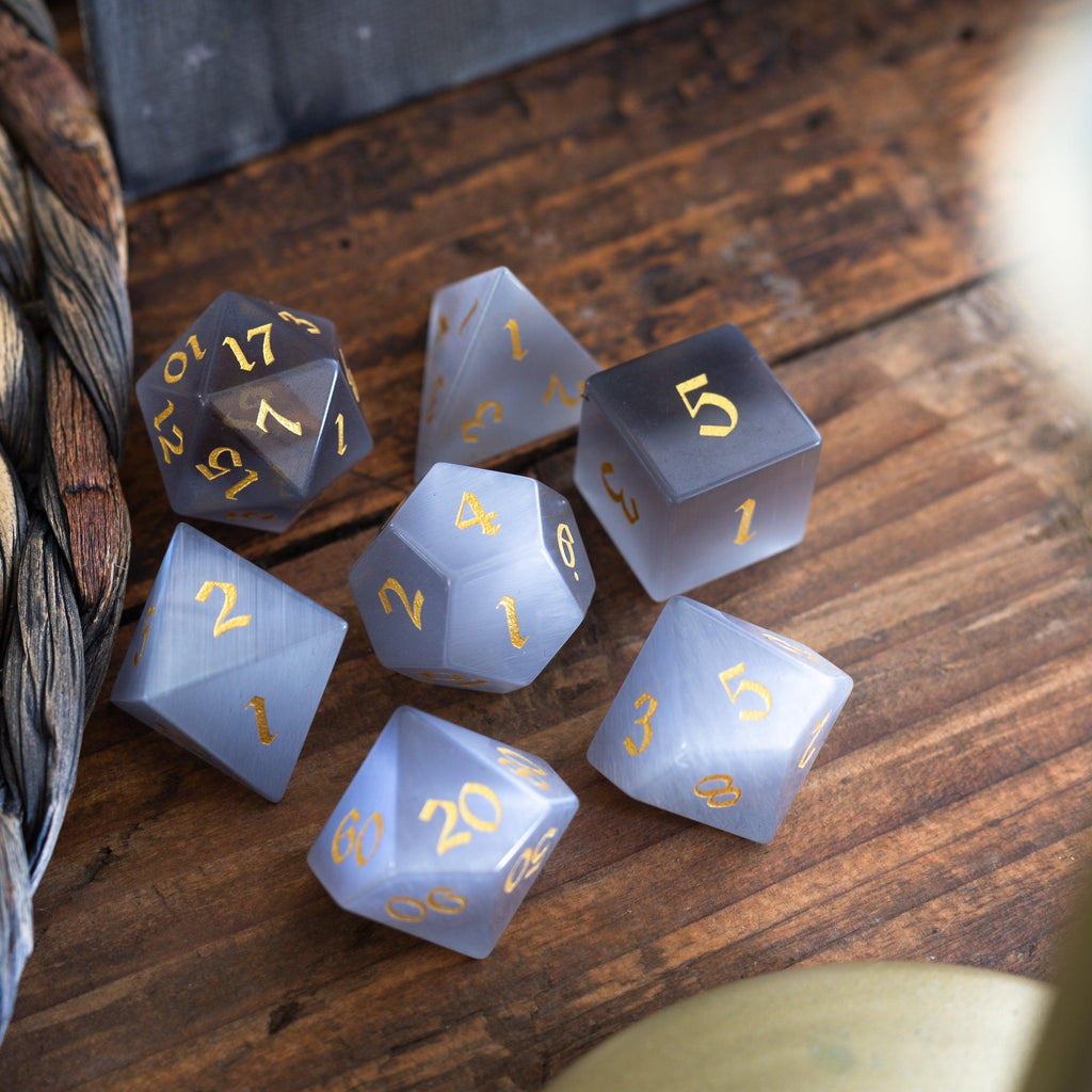 Gemstone Gray Cats Eye Stone DND Dice Set | Gemstone Dice | Wiccan Center