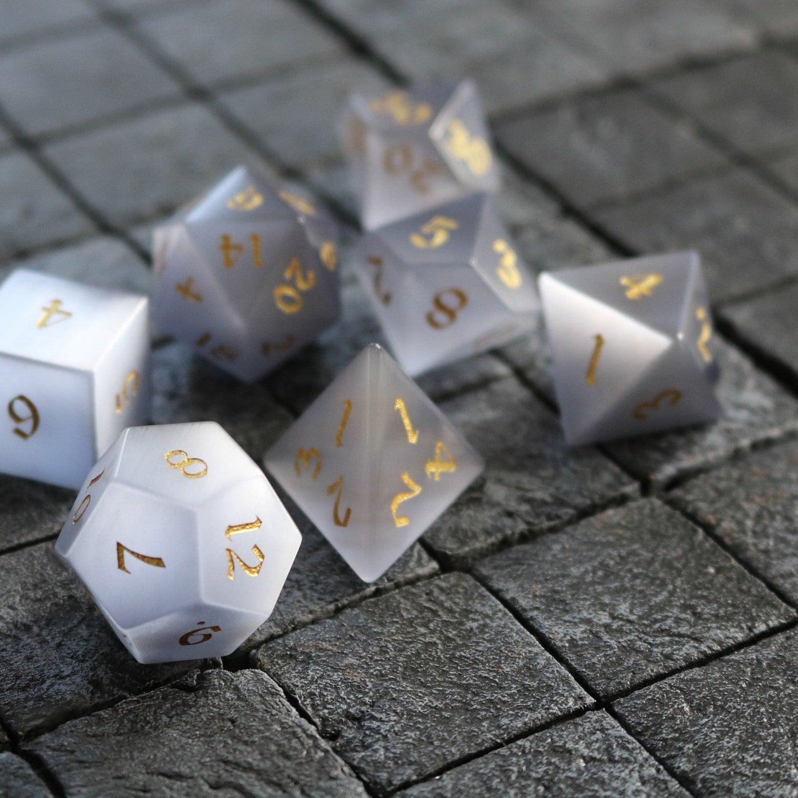 Gemstone Gray Cats Eye Stone DND Dice Set | Gemstone Dice | Wiccan Center
