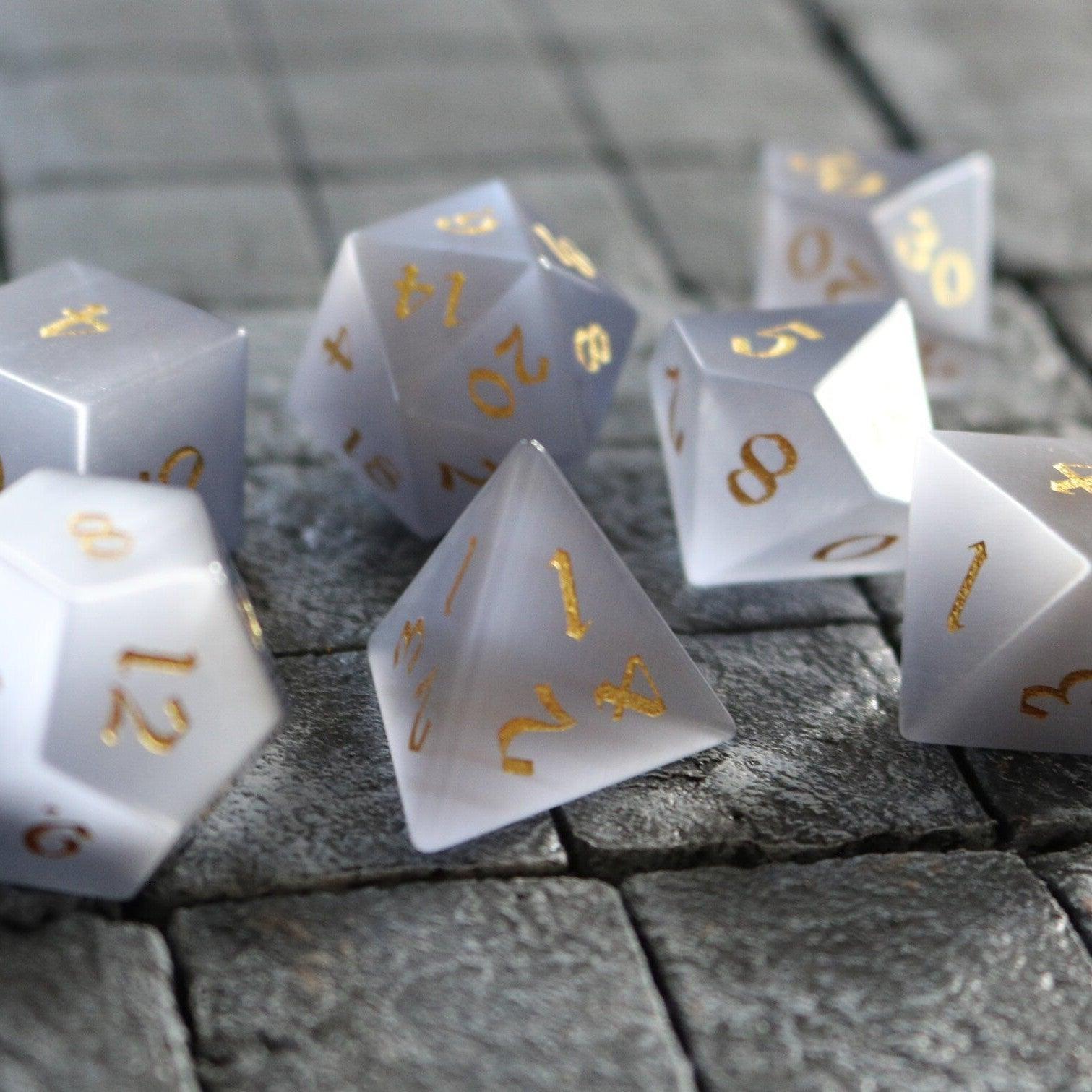 Gemstone Gray Cats Eye Stone DND Dice Set | Gemstone Dice | Wiccan Center