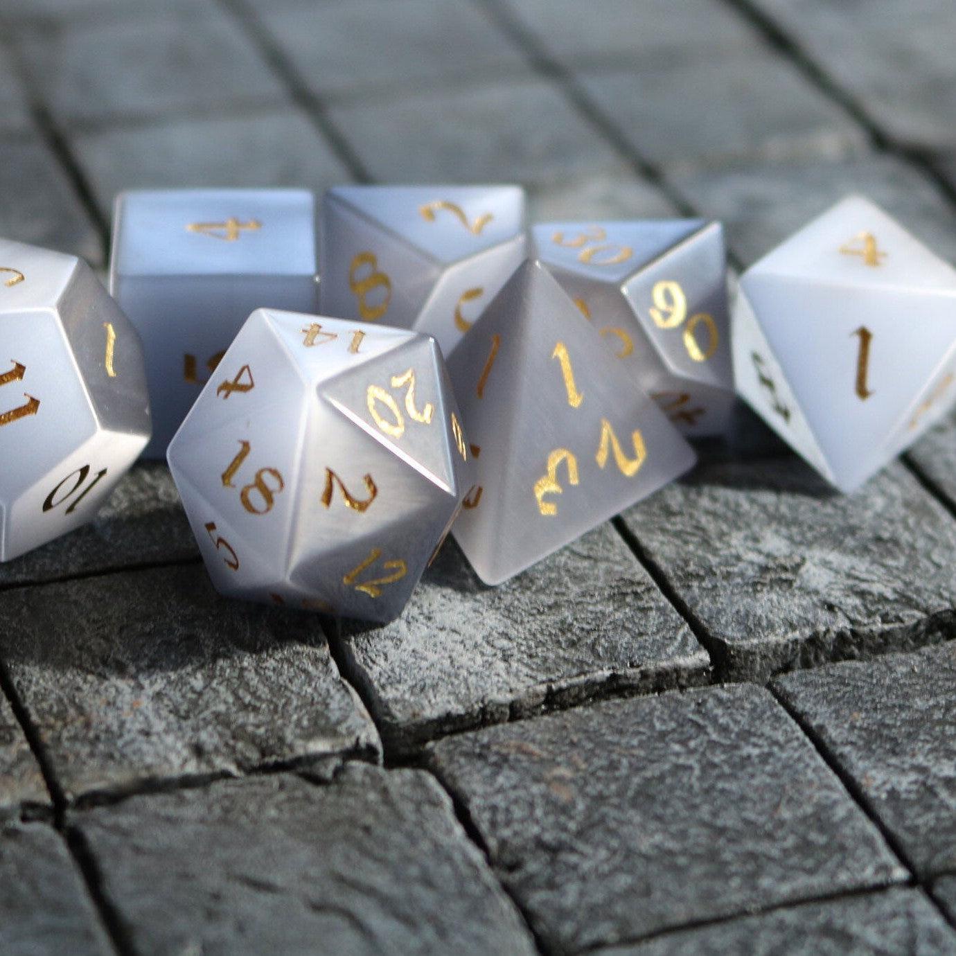 Gemstone Gray Cats Eye Stone DND Dice Set | Gemstone Dice | Wiccan Center