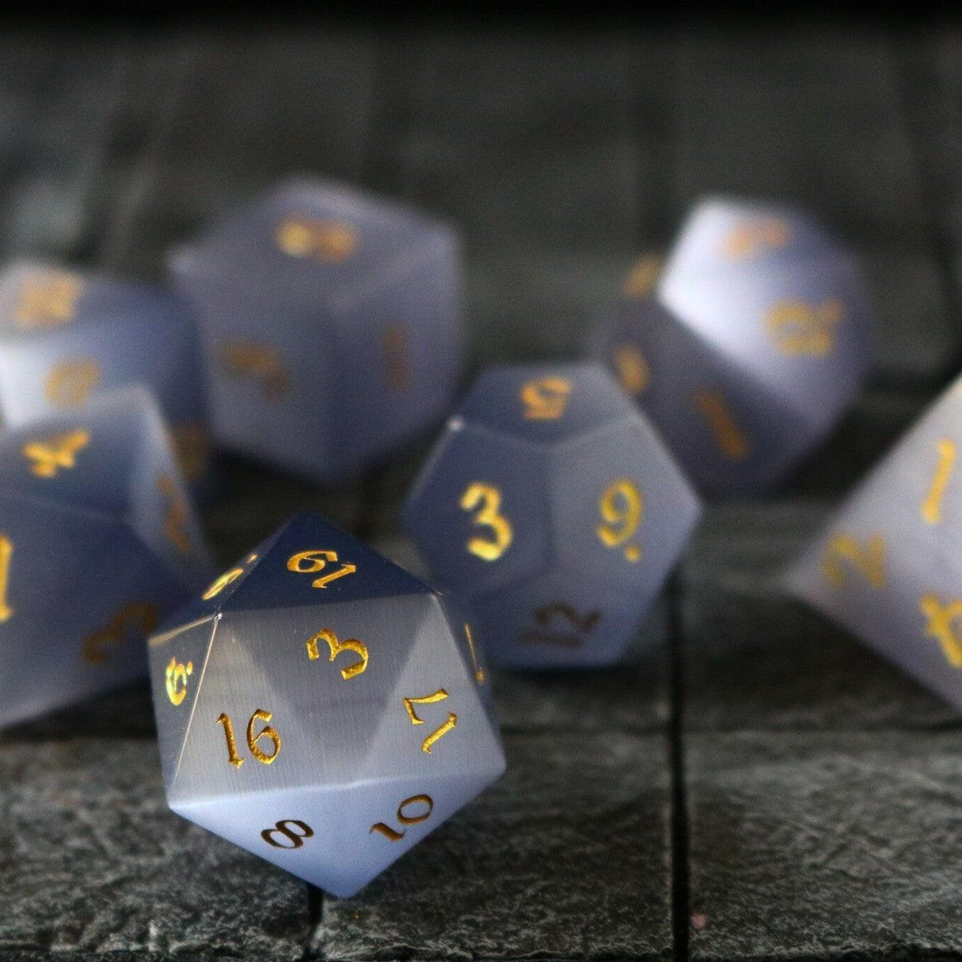 Gemstone Gray Cats Eye Stone DND Dice Set | Gemstone Dice | Wiccan Center