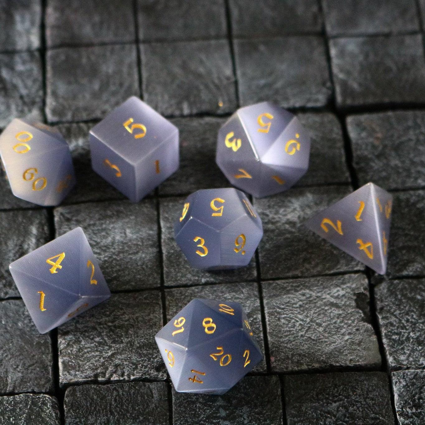Gemstone Gray Cats Eye Stone DND Dice Set | Gemstone Dice | Wiccan Center