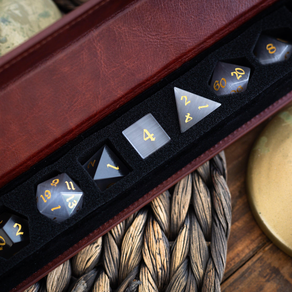 Gemstone Gray Cats Eye Stone DND Dice Set | Gemstone Dice | Wiccan Center