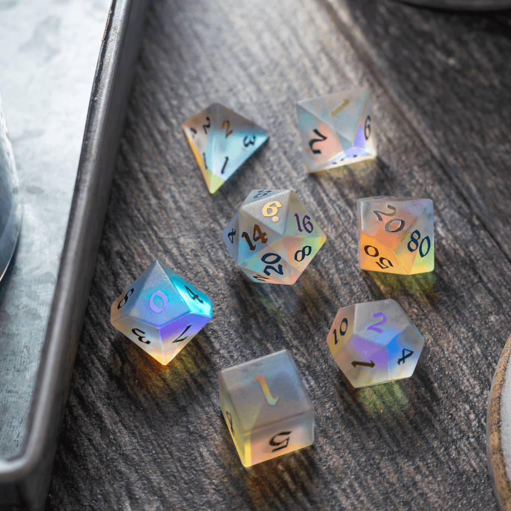 Gemstone (Inked) Raised Dichroic Glass DND Dice Set | Gemstone Dice | Wiccan Center