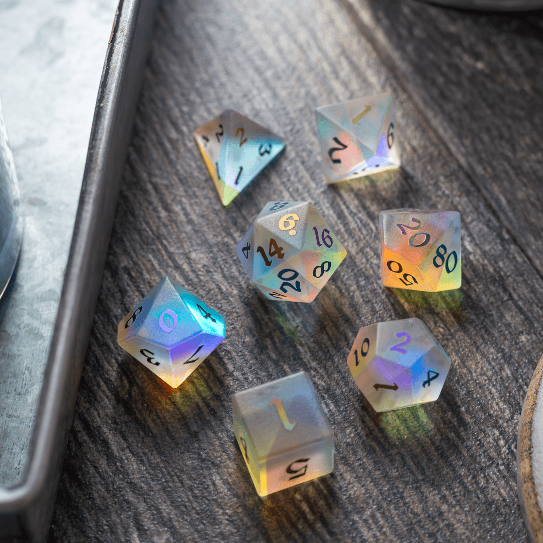 Gemstone (Inked) Raised Dichroic Glass DND Dice Set | Gemstone Dice | Wiccan Center