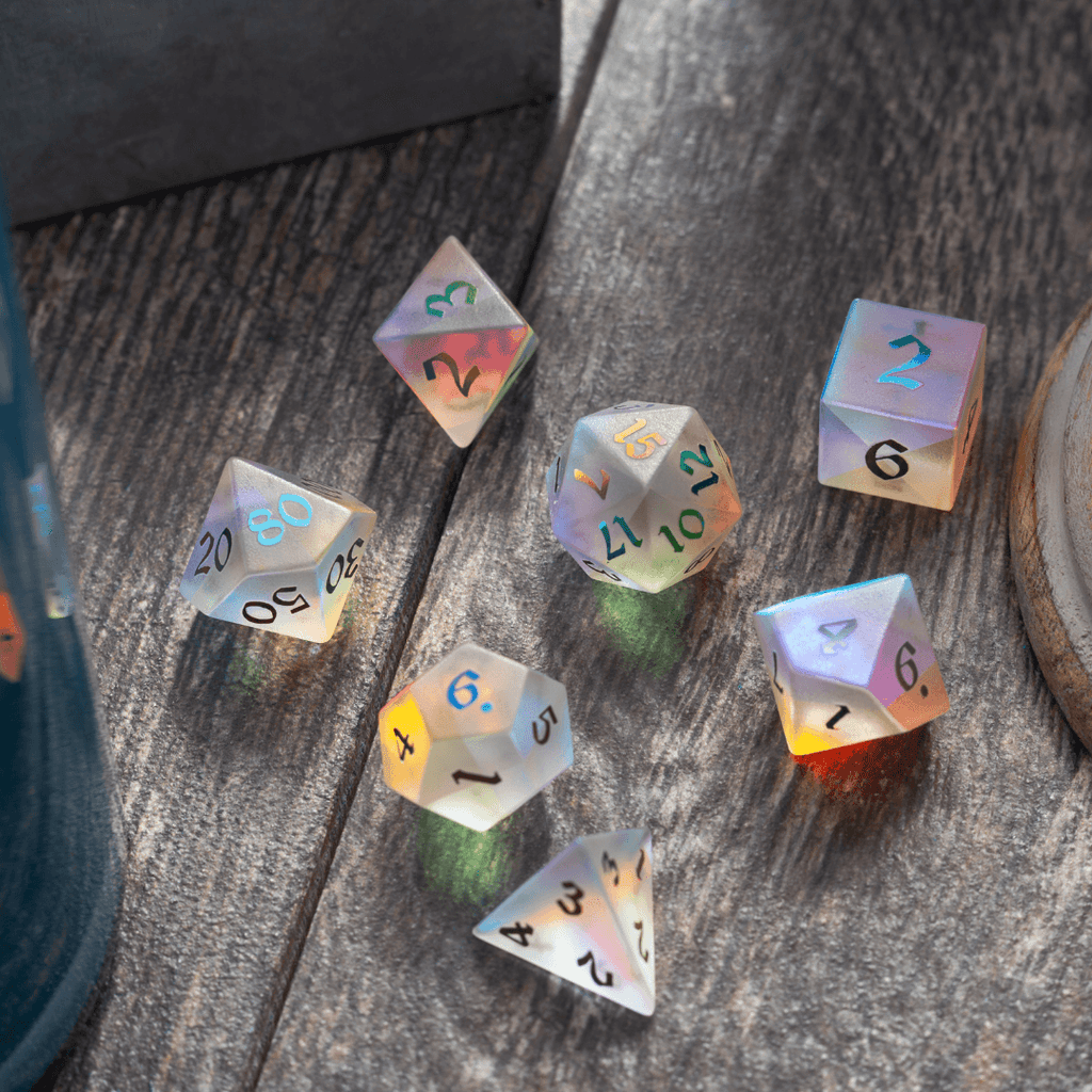 Gemstone (Inked) Raised Dichroic Glass DND Dice Set | Gemstone Dice | Wiccan Center