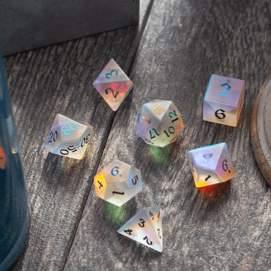 Gemstone (Inked) Raised Dichroic Glass DND Dice Set | Gemstone Dice | Wiccan Center