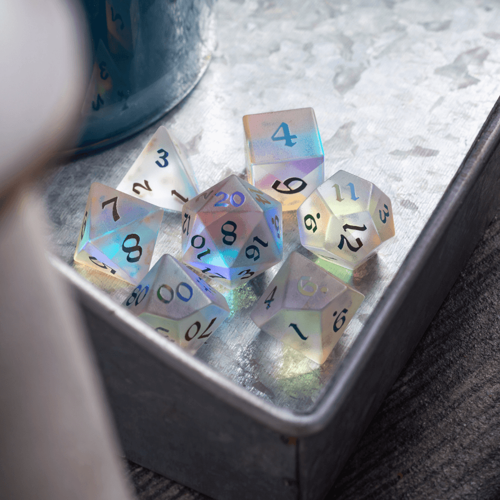 Gemstone (Inked) Raised Dichroic Glass DND Dice Set | Gemstone Dice | Wiccan Center