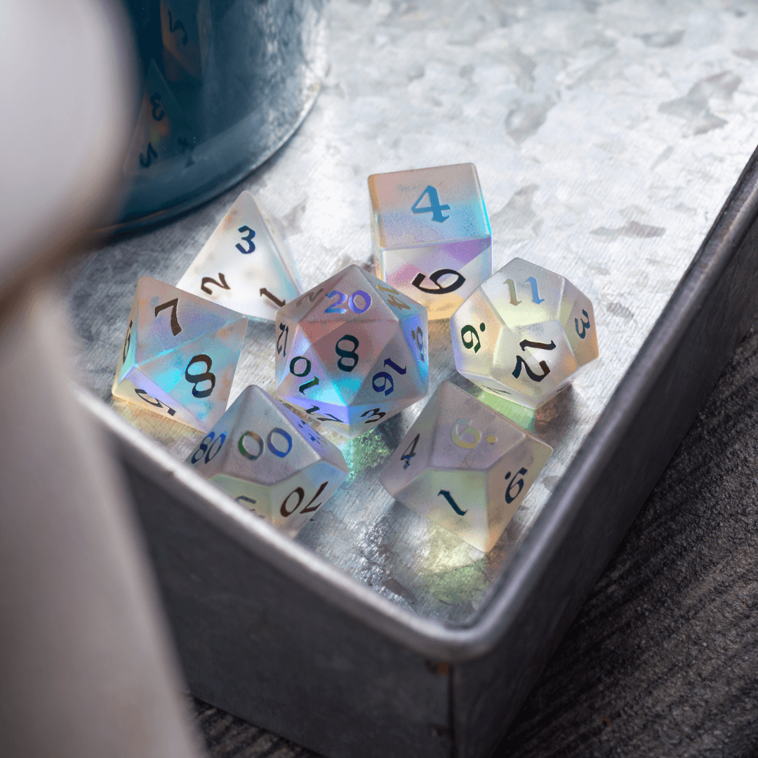 Gemstone (Inked) Raised Dichroic Glass DND Dice Set | Gemstone Dice | Wiccan Center