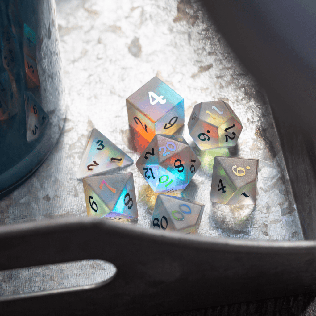 Gemstone (Inked) Raised Dichroic Glass DND Dice Set | Gemstone Dice | Wiccan Center