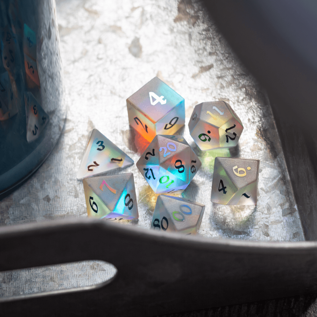 Gemstone (Inked) Raised Dichroic Glass DND Dice Set | Gemstone Dice | Wiccan Center