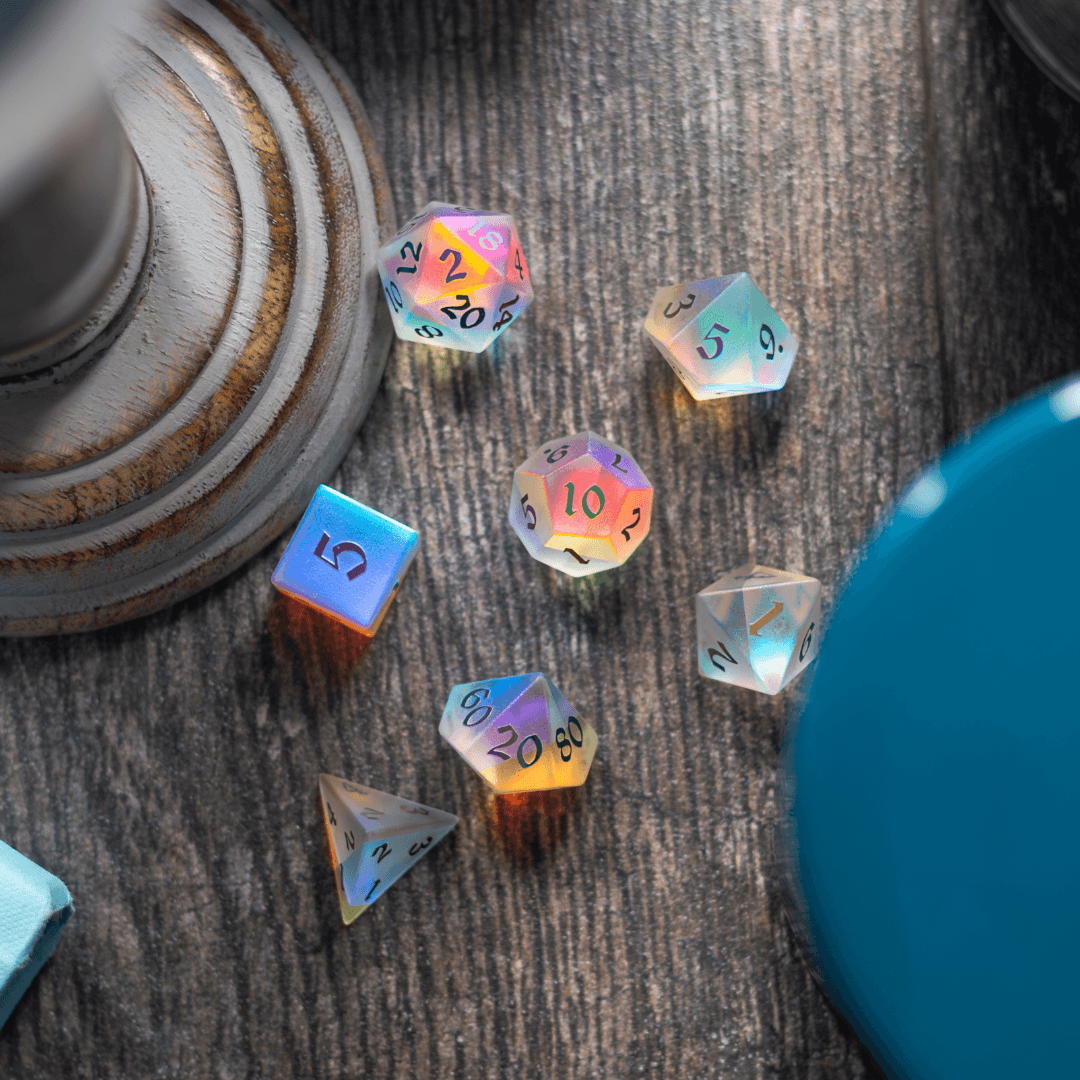 Gemstone (Inked) Raised Dichroic Glass DND Dice Set | Gemstone Dice | Wiccan Center