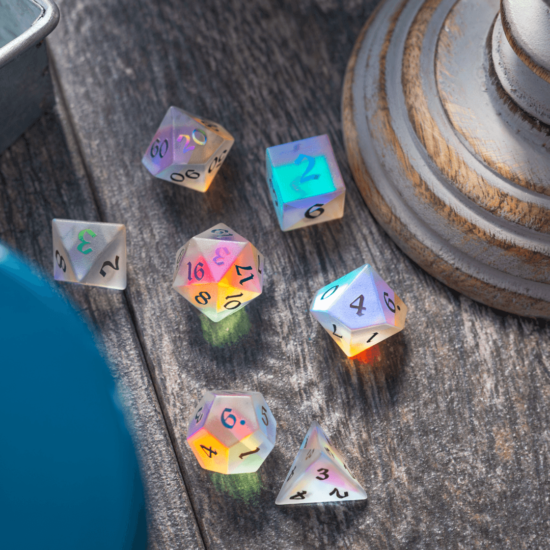 Gemstone (Inked) Raised Dichroic Glass DND Dice Set | Gemstone Dice | Wiccan Center