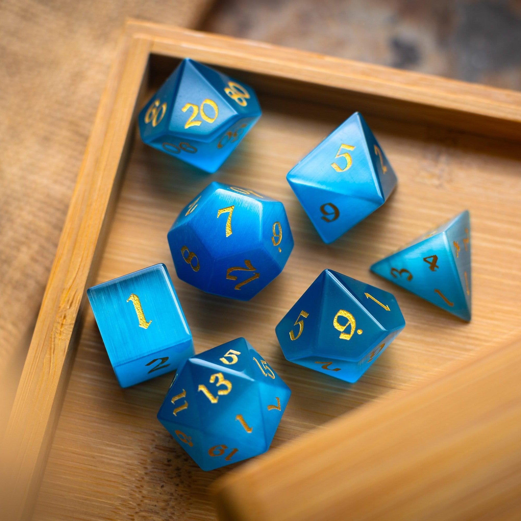 Gemstone Light Blue Cats Eye Stone Hand Carved DND Dice Set | Gemstone Dice | Wiccan Center