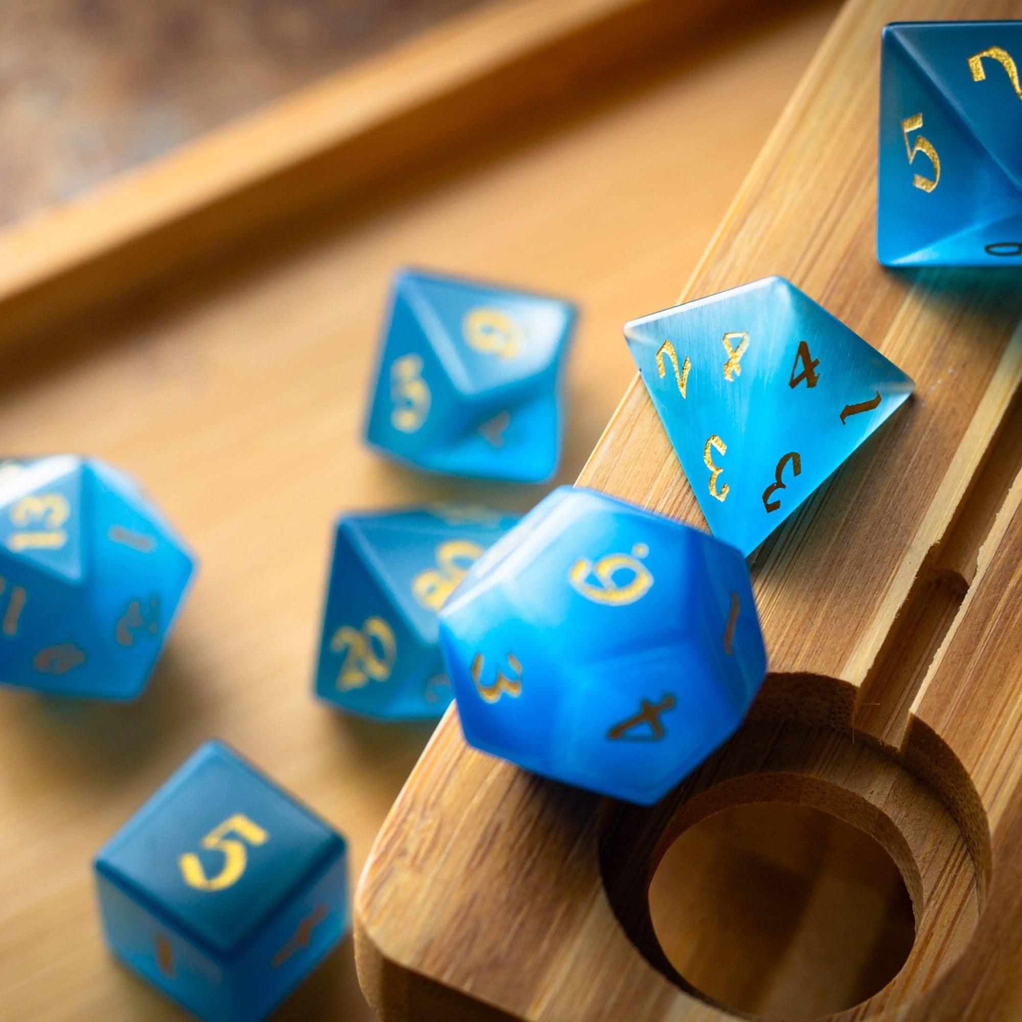 Gemstone Light Blue Cats Eye Stone Hand Carved DND Dice Set | Gemstone Dice | Wiccan Center