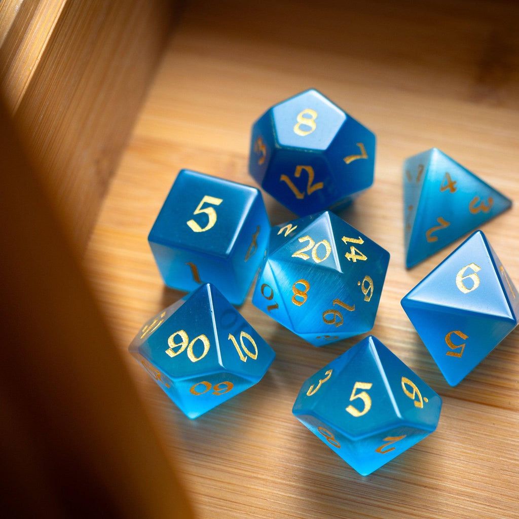 Gemstone Light Blue Cats Eye Stone Hand Carved DND Dice Set | Gemstone Dice | Wiccan Center