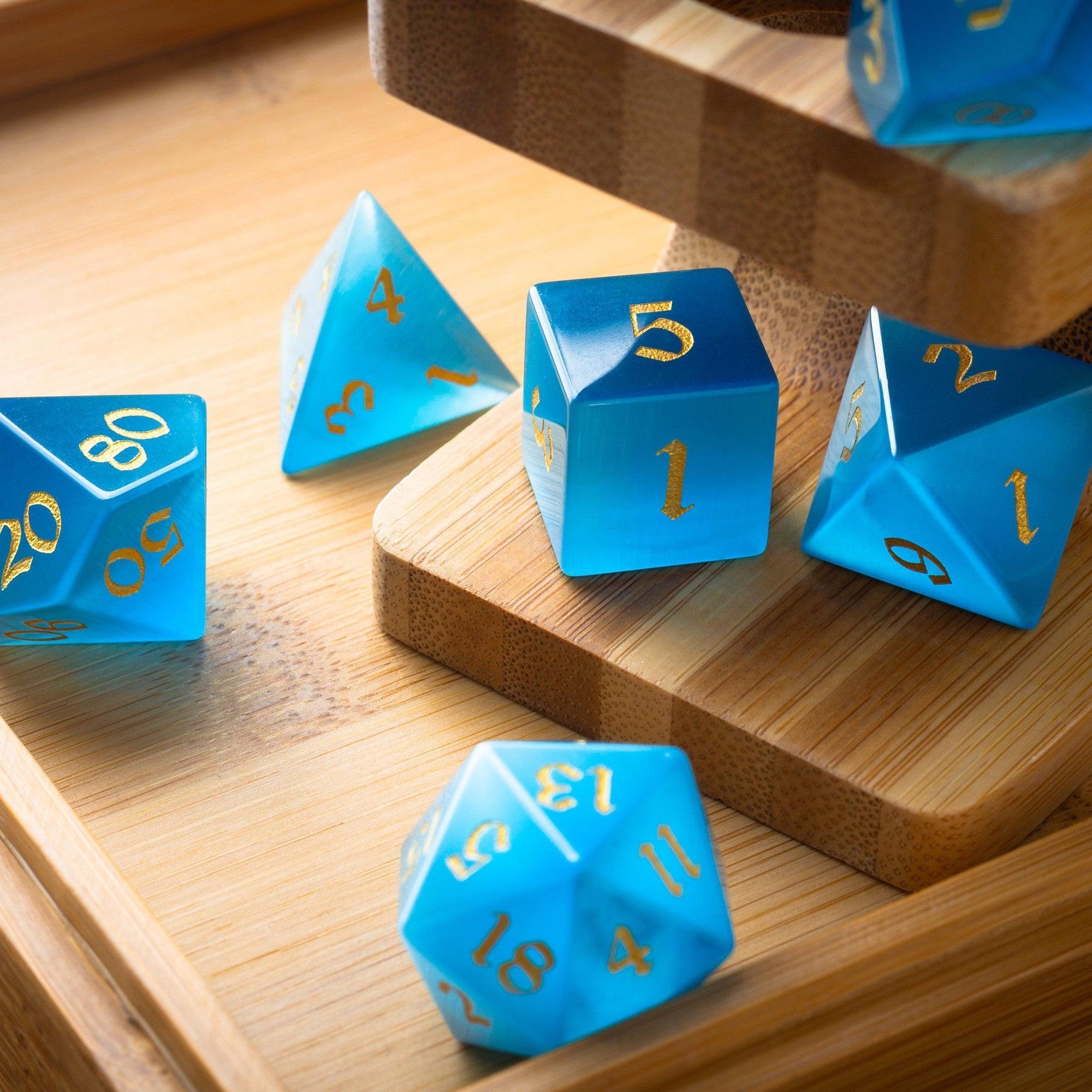Gemstone Light Blue Cats Eye Stone Hand Carved DND Dice Set | Gemstone Dice | Wiccan Center