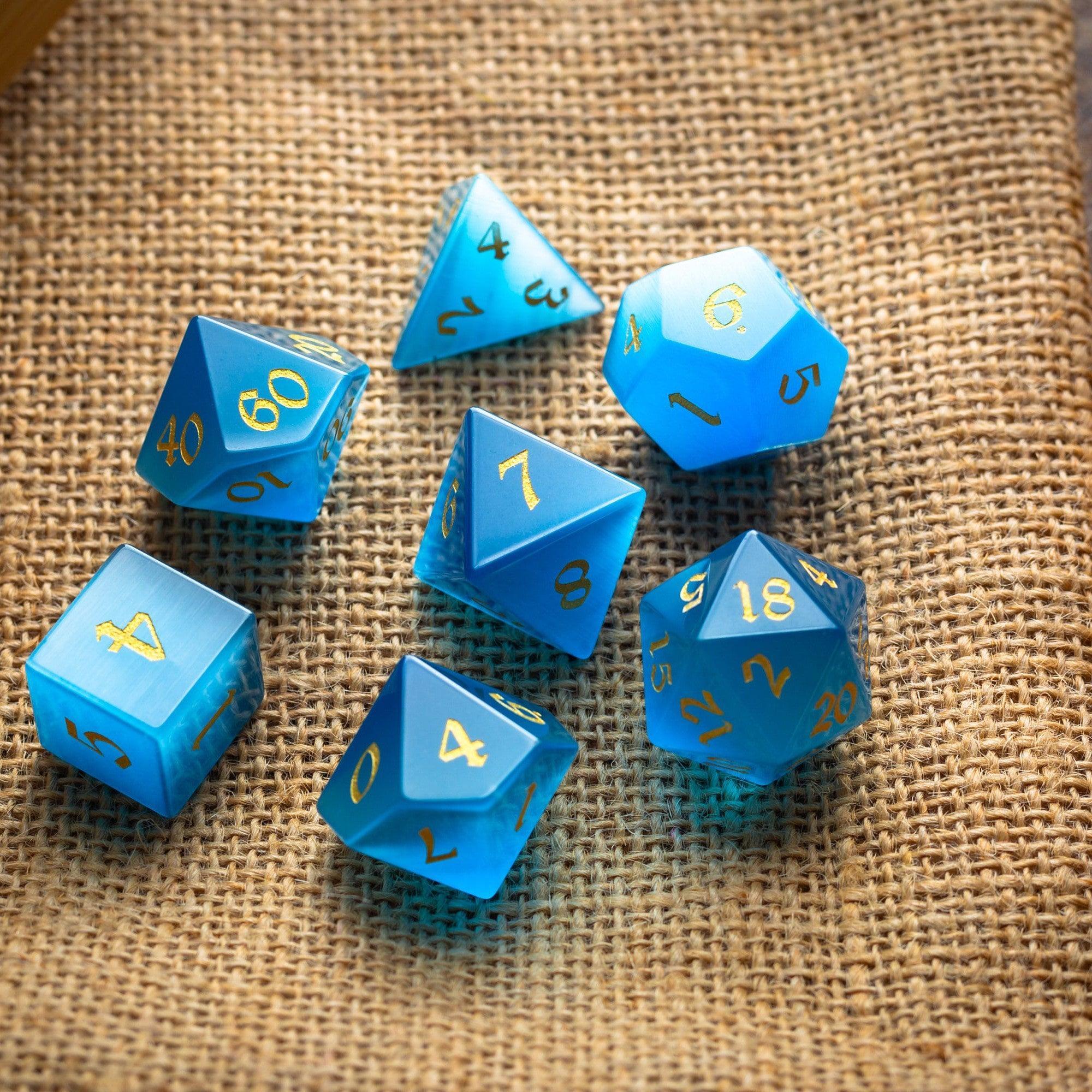 Gemstone Light Blue Cats Eye Stone Hand Carved DND Dice Set | Gemstone Dice | Wiccan Center