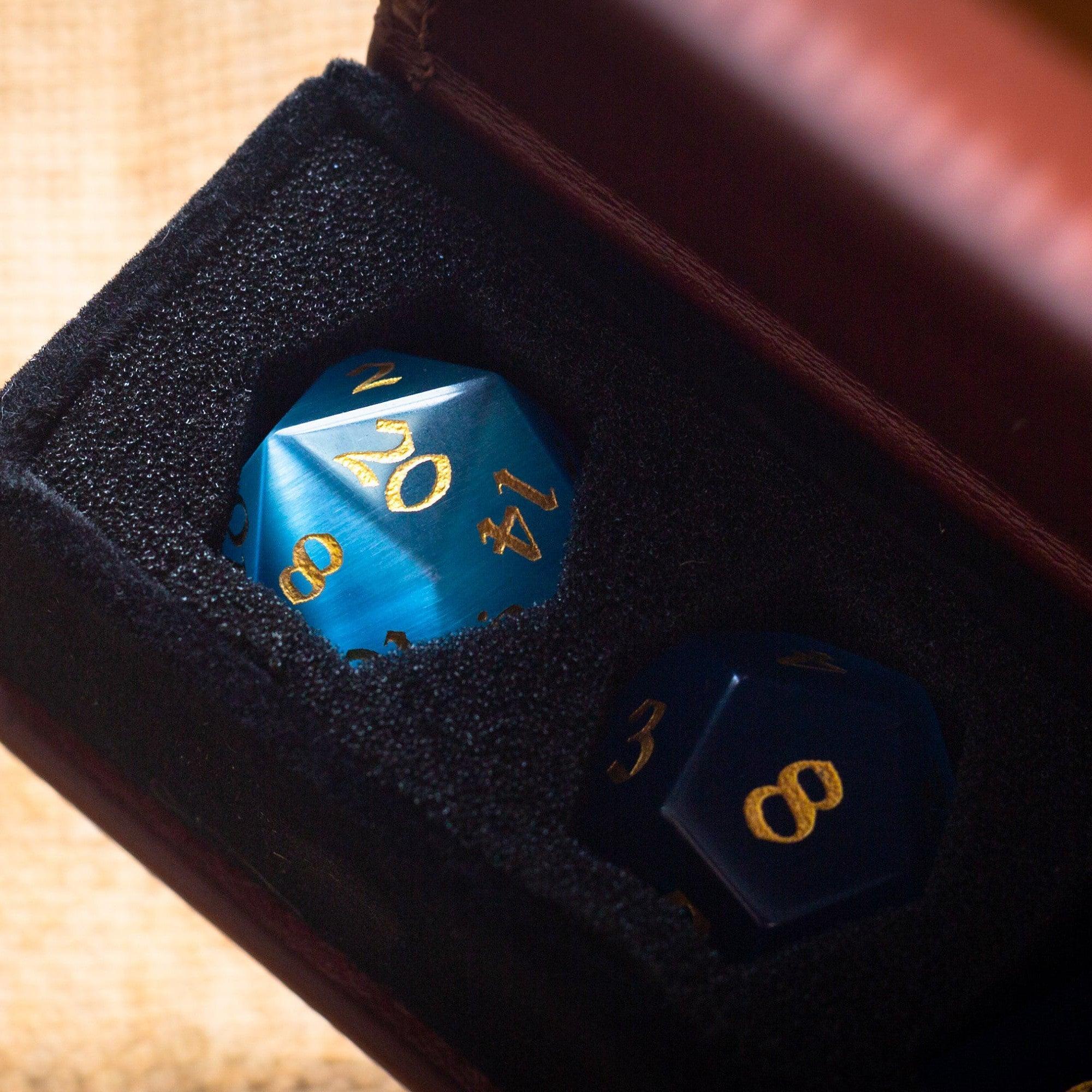 Gemstone Light Blue Cats Eye Stone Hand Carved DND Dice Set | Gemstone Dice | Wiccan Center