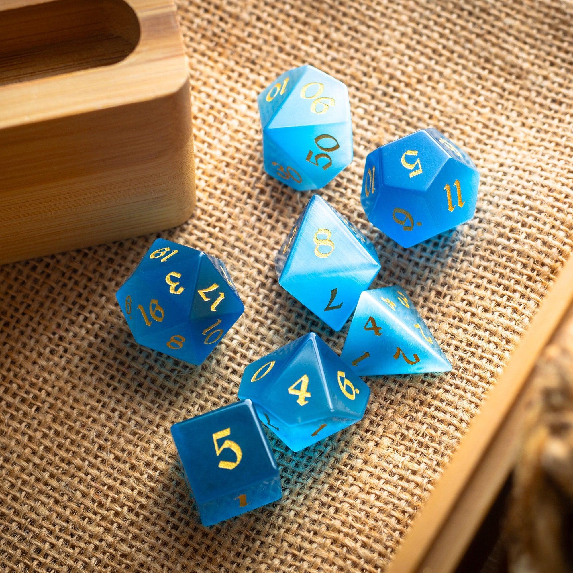 Gemstone Light Blue Cats Eye Stone Hand Carved DND Dice Set | Gemstone Dice | Wiccan Center