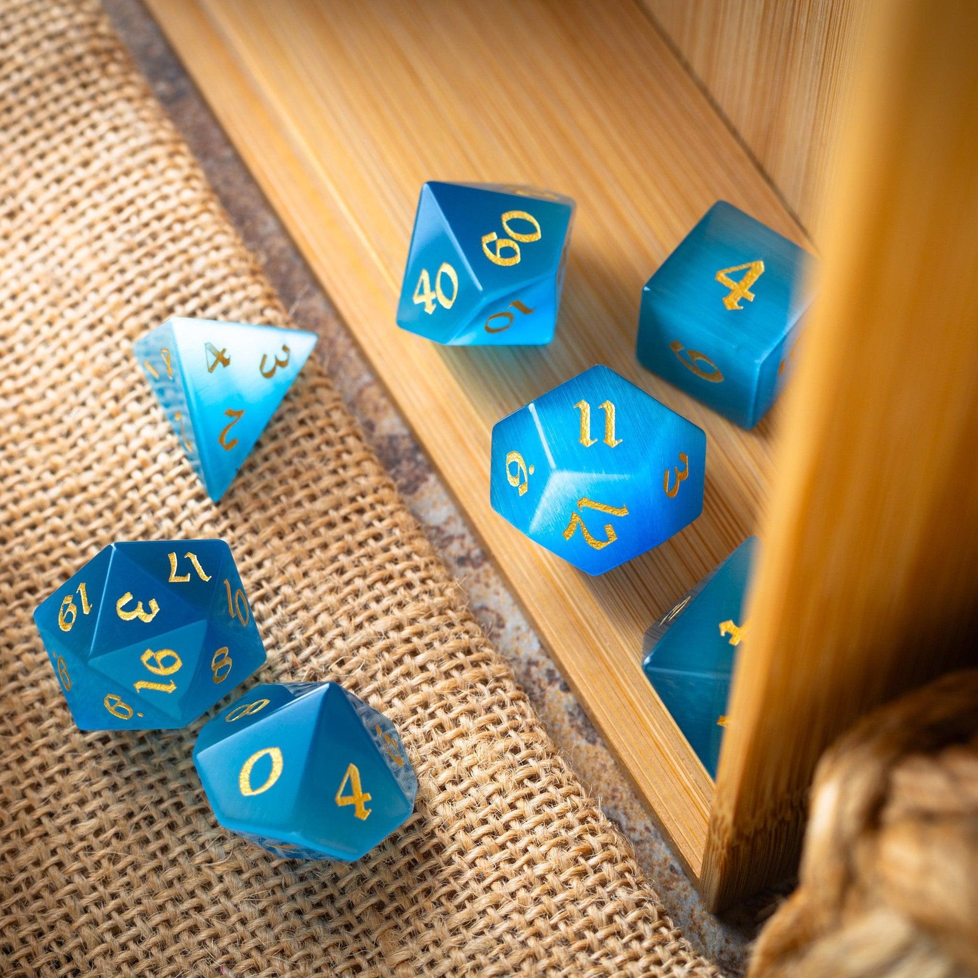 Gemstone Light Blue Cats Eye Stone Hand Carved DND Dice Set | Gemstone Dice | Wiccan Center