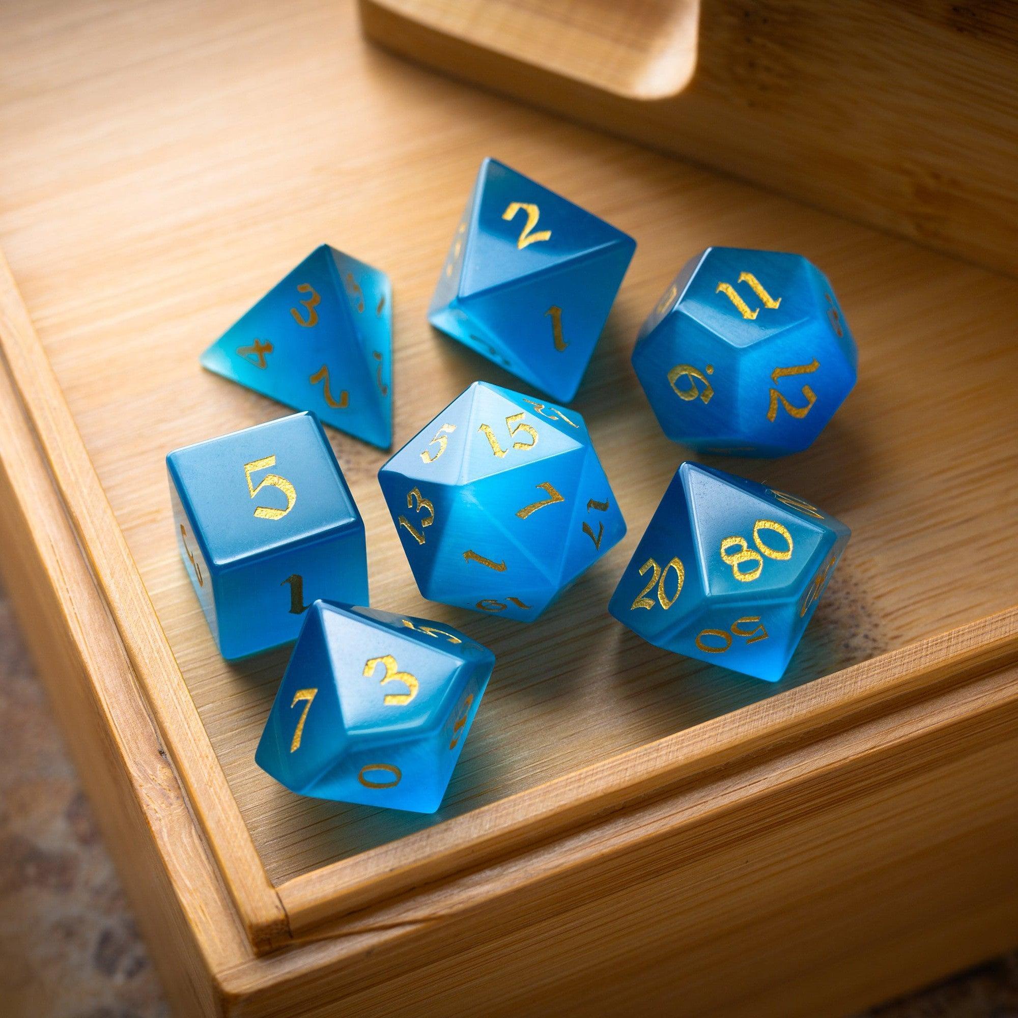 Gemstone Light Blue Cats Eye Stone Hand Carved DND Dice Set | Gemstone Dice | Wiccan Center